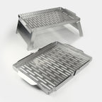 Two stainless steel braai grids on a white background
